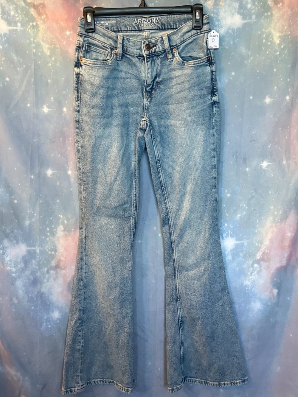 Arizona 0/24 Extreme Low Rise Y2K Flare Jeans Light Wash Embroidered Bows